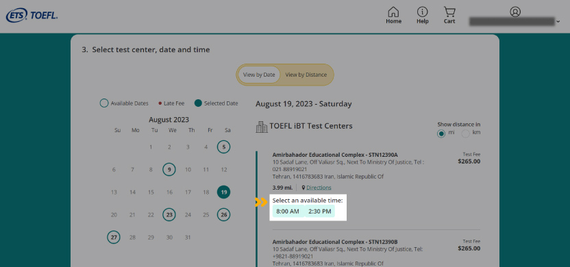 انتخاب ساعت آزمون TOEFL iBT