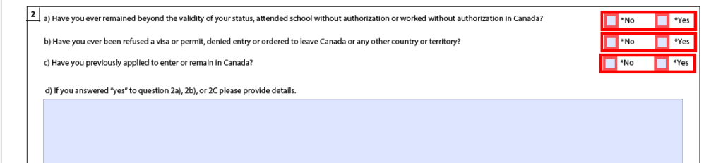 بخش وضعیت سوابق در فرم 5257 کانادا