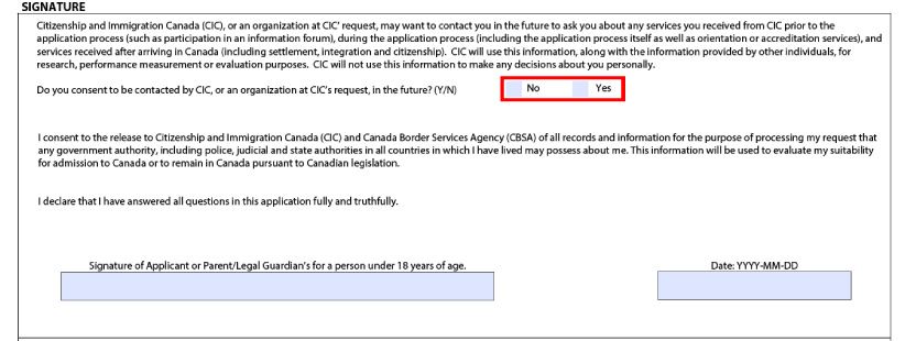 بخش امضای فرم درخواست ویزای کانادا